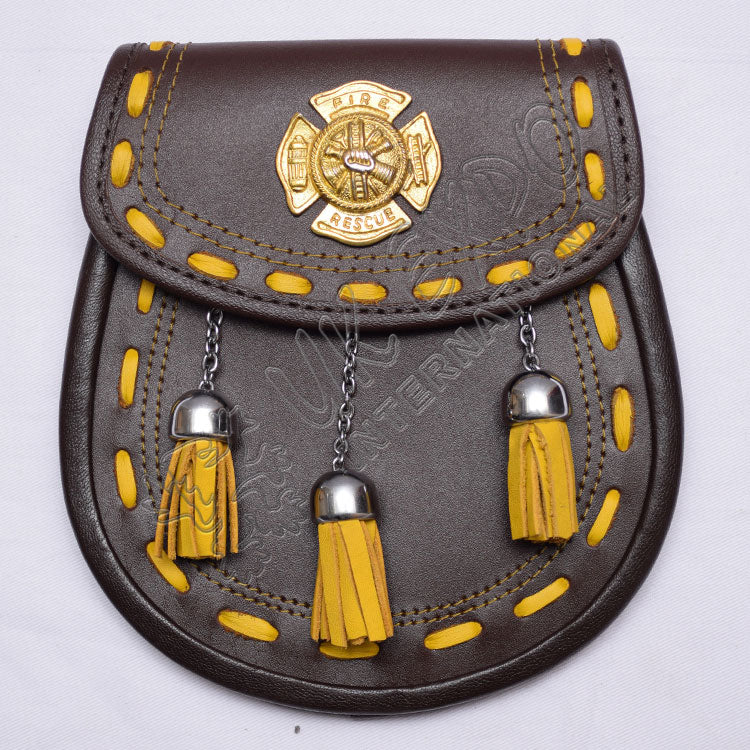 Brown Leather Yellow Accents Fire Rescue Badge Sporran