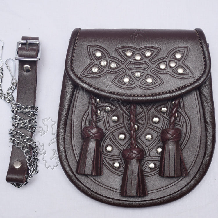 Celtic Brown Leather Embossed Chrome Stud Sporran