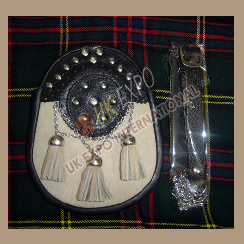 White Cow Skin Black Leather Sporran
