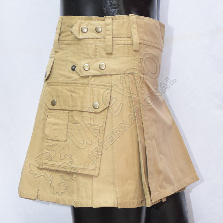 Khaki Women Short Cargo Style Utility Kilt