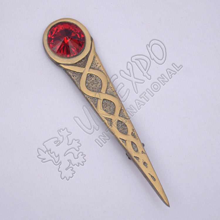 Celtic Design With Red Stone Brass Antique Kilt Pin