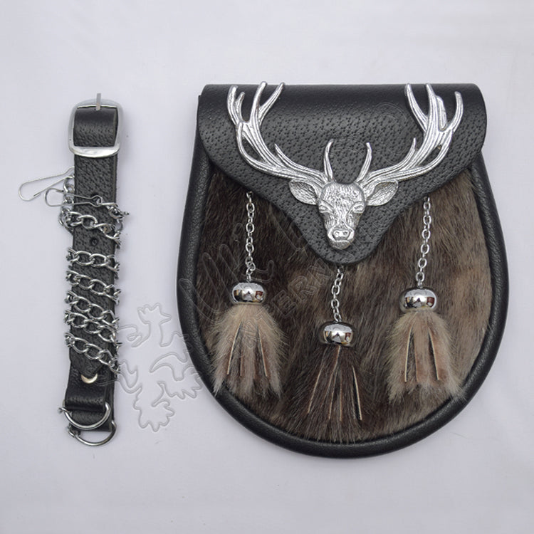 Chrome Plated Stag Seal Skin Leather Sporran