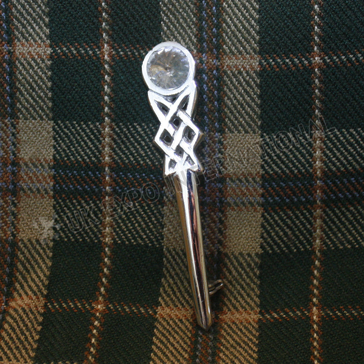 Chrome White Stone Interlace Kilt Pin