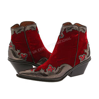 Western Couture Red Velvet Pewter Leather Fashion Cowboy Boots