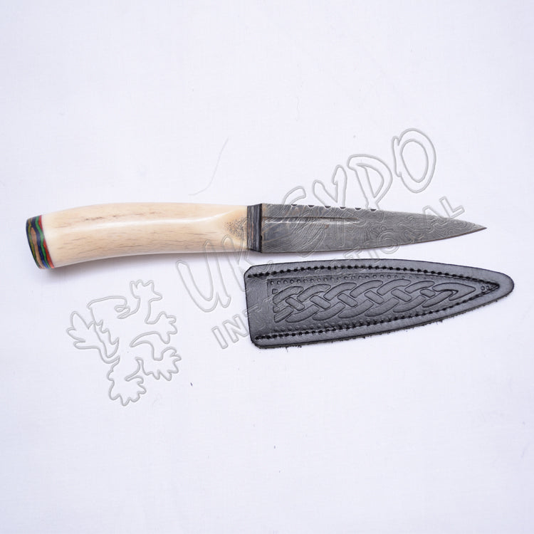 Stag Handle Damascus Steel Blade With Celtic Leather Sheath