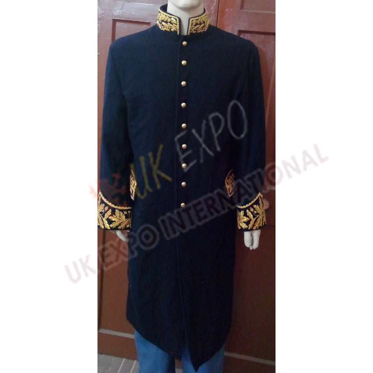 Dark Blue Military Gold Bullion Zari Hand Embroidered Greatcoat