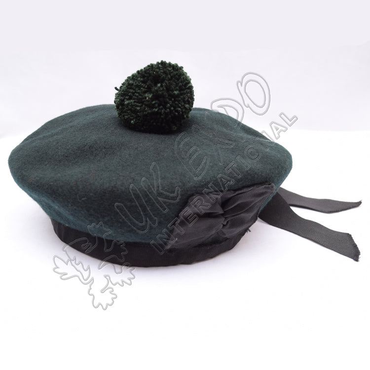 Dark Green Balmoral Plain Hat With Green Pom Pom