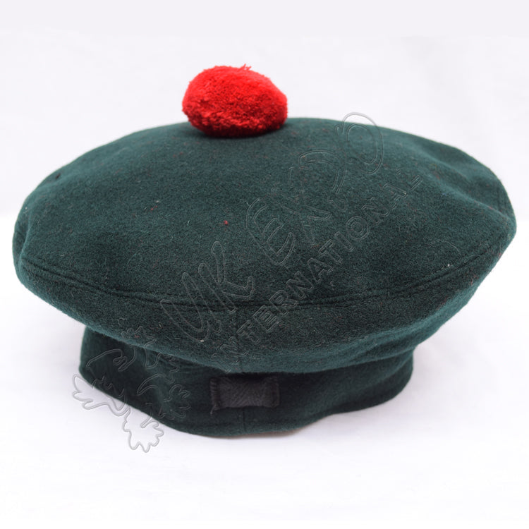 Dark Green Military Bonnet Hat With Red Pom Pom