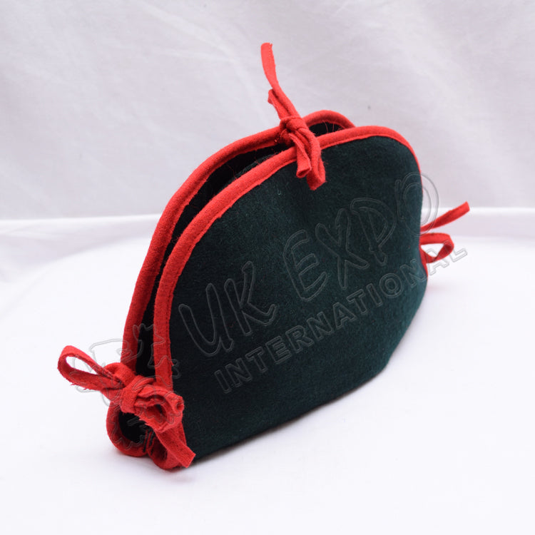 Dark Green Bicorn Hat with Red Piping