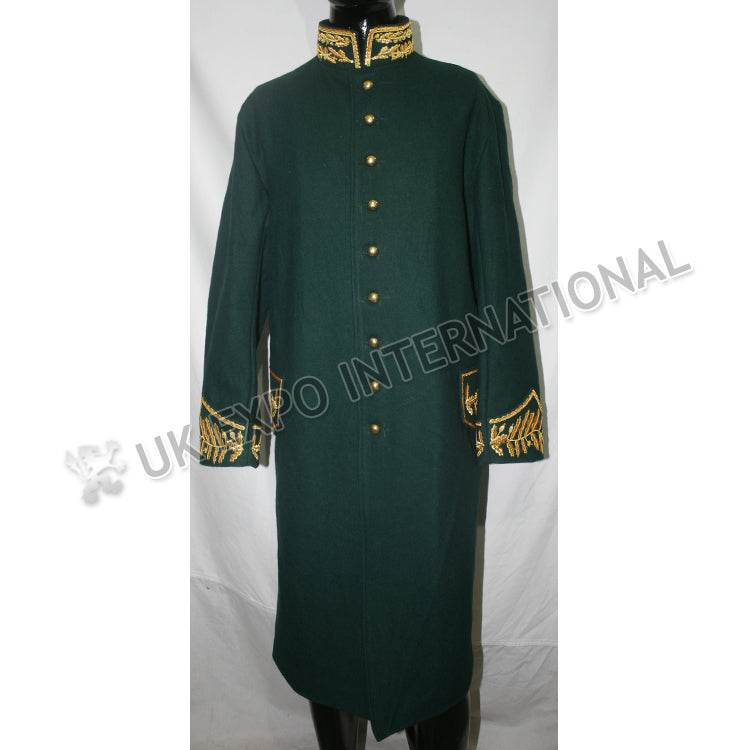 Dark Green Military Gold Bullion Zari Embroidery Greatcoat