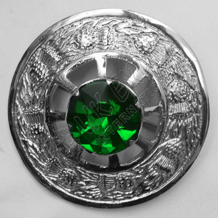 Thistle Moulded With Green Emerald Stone Brooch