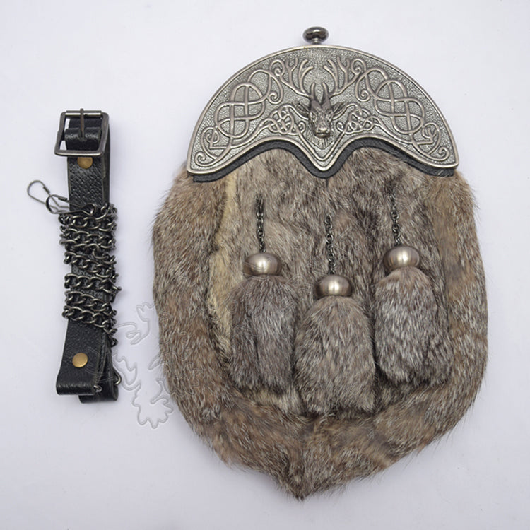 Antique Stag Cantle Gray Rabbit Fur Sporran
