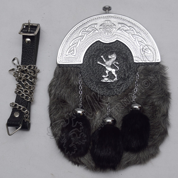 Chrome Plated Cantle Lion Badge Gray Fur Sporran