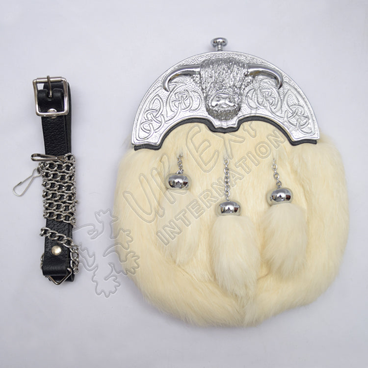 Chrome Coo Ox Cantle White Rabbit Fur Sporran