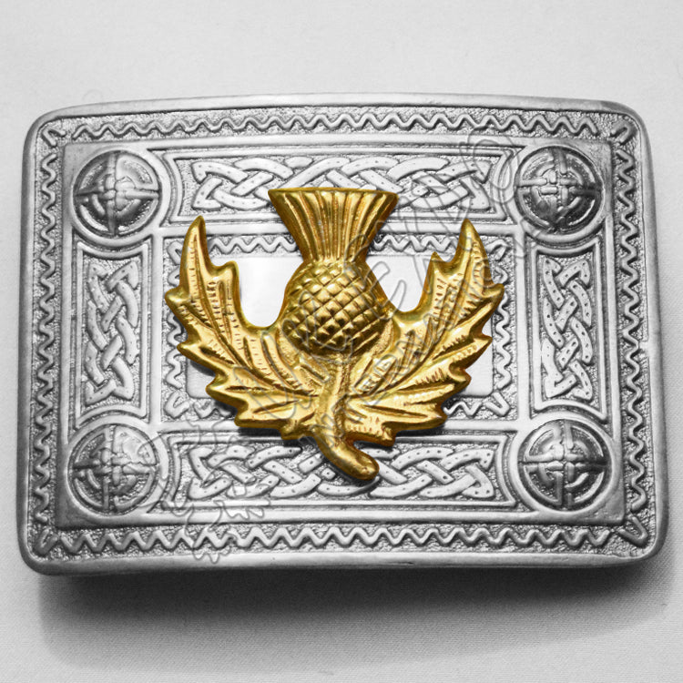 Full Polish Celtic Buckle With Model Of Gold Thistle Badge
