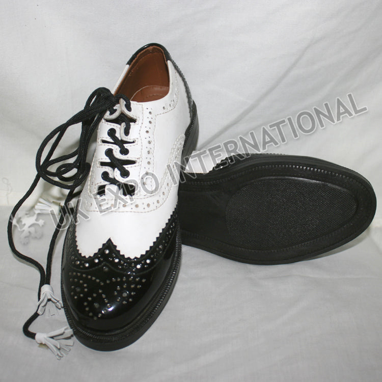 White and Black Shiny Ghillie Brogues Kilt Shoes