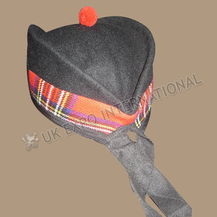 Royal Glengarry Black Hat With Stewart Tartan & Red Pom