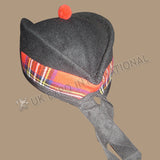 Royal Glengarry Black Hat With Stewart Tartan & Red Pom