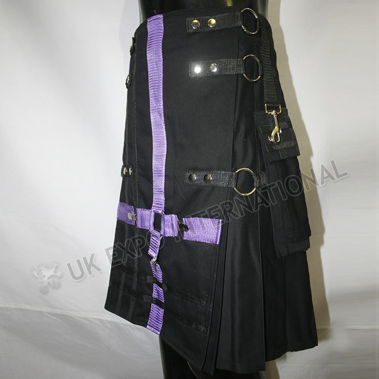 Black With Purple Strip Cargo Kilt