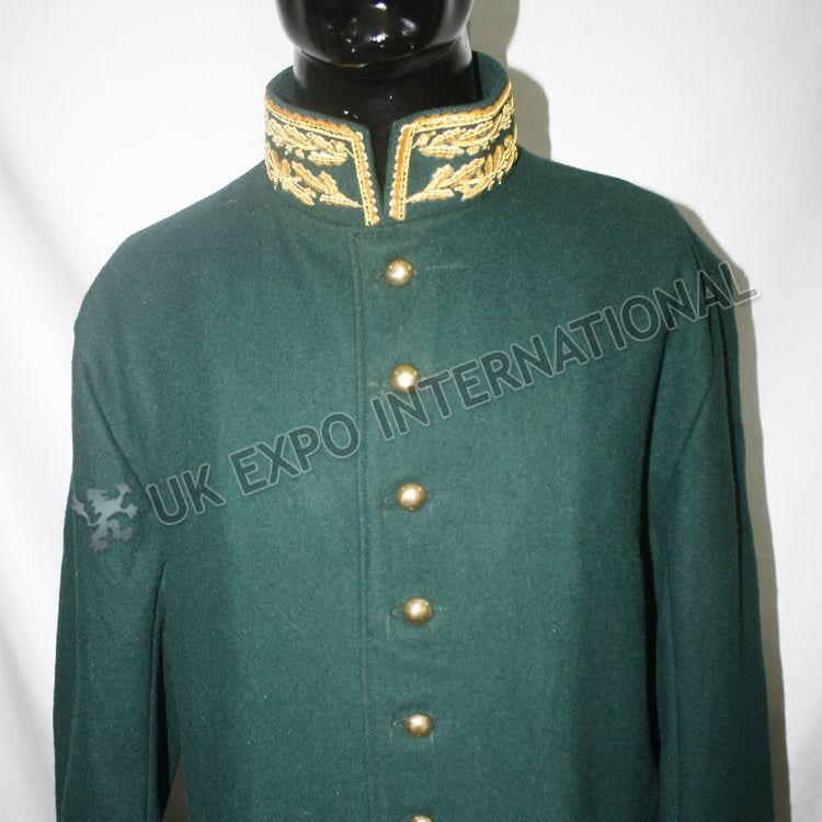 Dark Green Military Gold Bullion Zari Embroidery Greatcoat