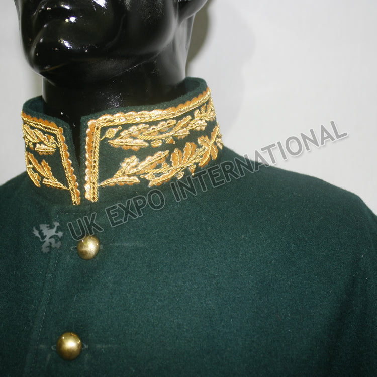 Dark Green Military Gold Bullion Zari Embroidery Greatcoat