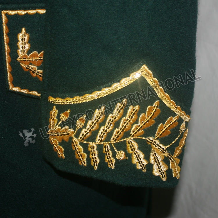 Dark Green Military Gold Bullion Zari Embroidery Greatcoat