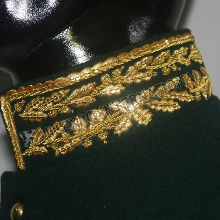 Dark Green Military Gold Bullion Zari Embroidery Greatcoat