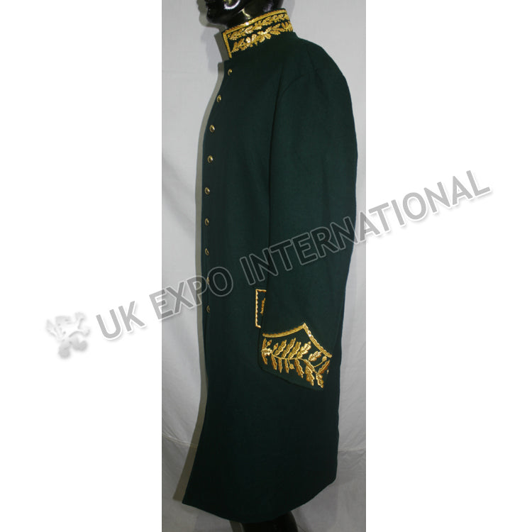 Dark Green Military Gold Bullion Zari Embroidery Greatcoat