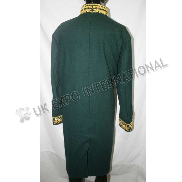 Dark Green Military Gold Bullion Zari Embroidery Greatcoat