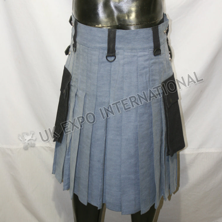 Blue Indigo Denim With Black Pockets Utility Kilt