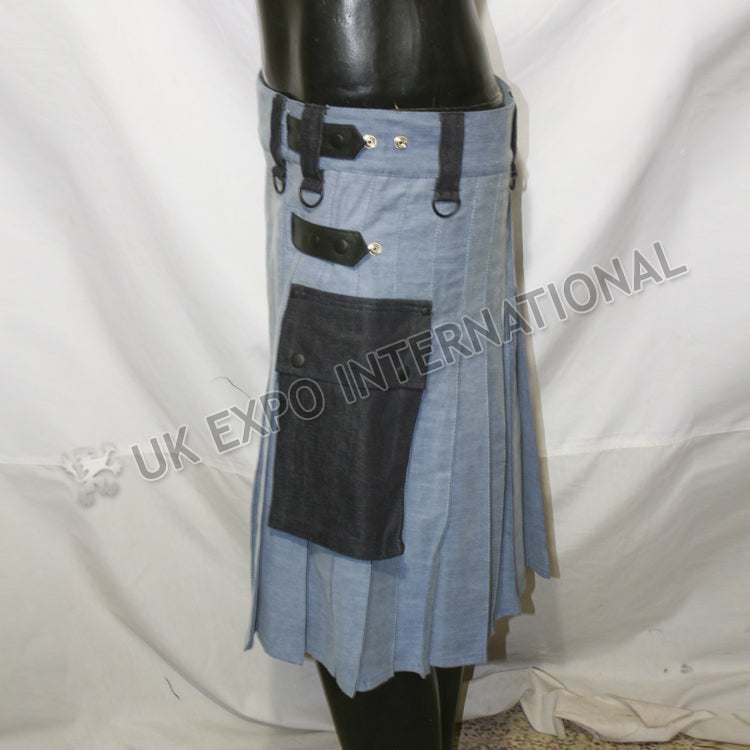 Blue Indigo Denim With Black Pockets Utility Kilt