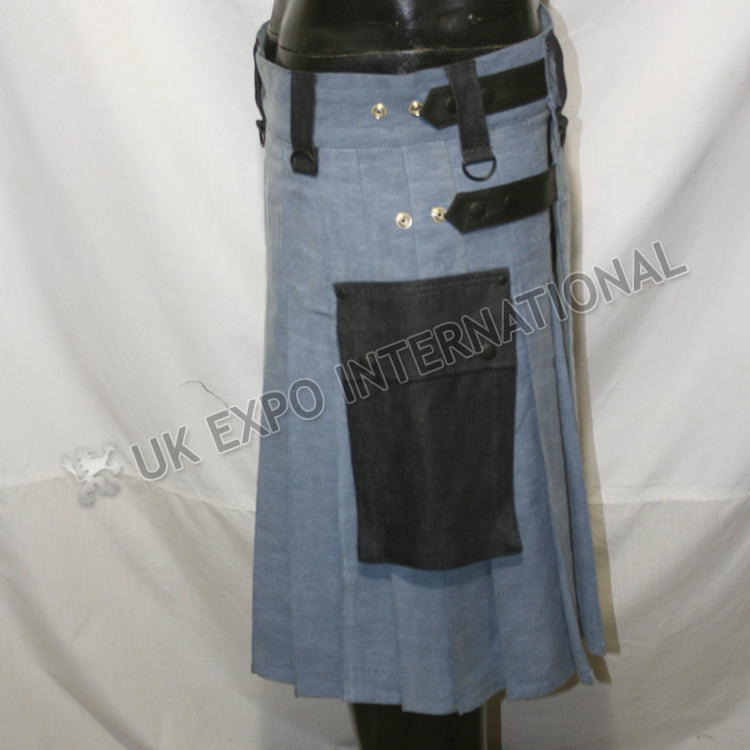Blue Indigo Denim With Black Pockets Utility Kilt
