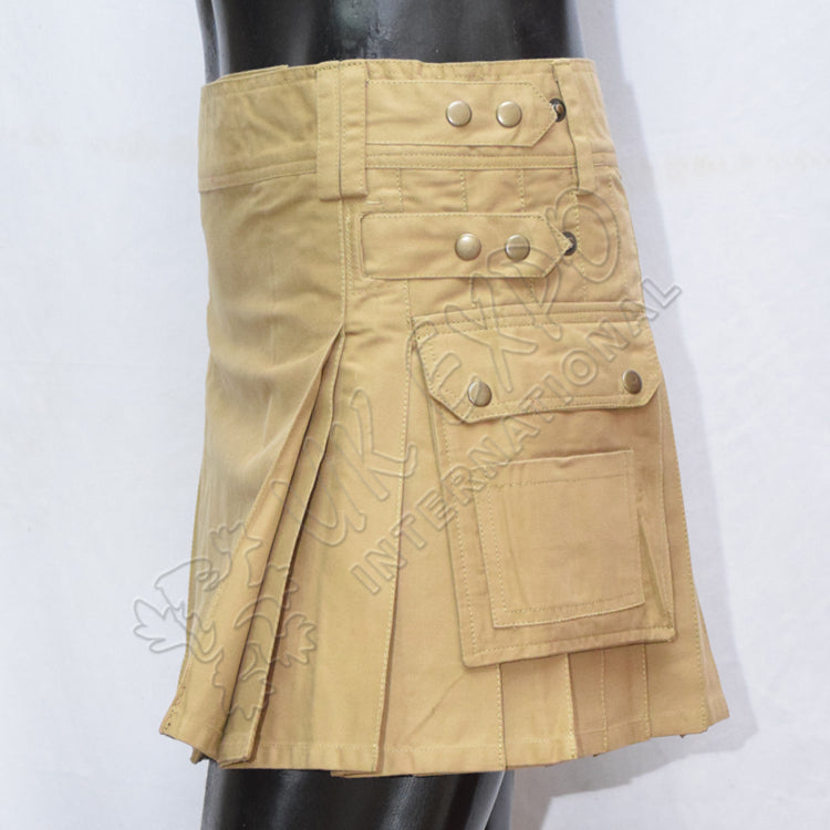 Khaki Women Short Cargo Style Utility Kilt