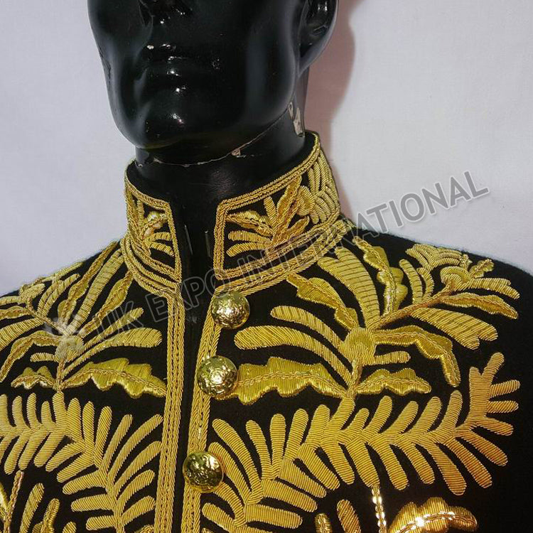British Court Levee Black Wool Gold Bullion Zari Hand Embroidery Coat