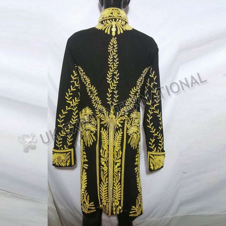 British Court Levee Black Wool Gold Bullion Zari Hand Embroidery Coat