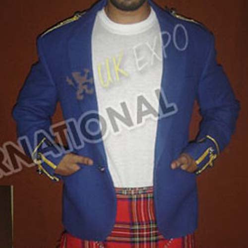 Blue Pure Wool Blazer Braided Argyle Jacket