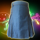 Blue Denim with Brown Leather Piping Utility Kilt