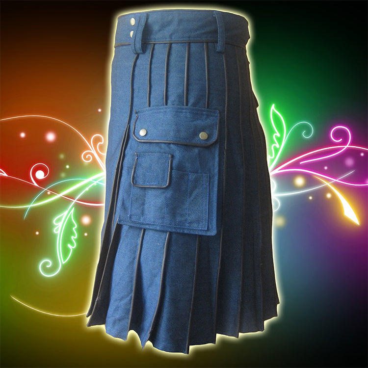 Blue Denim with Brown Leather Piping Utility Kilt