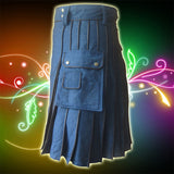 Blue Denim with Brown Leather Piping Utility Kilt