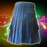 Blue Denim with Brown Leather Piping Utility Kilt