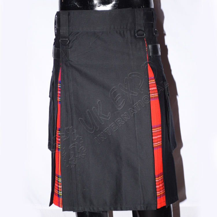 Black Hybrid Modern Royal Stewart Tartan Utility Kilt