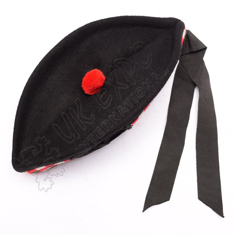 Black Glengarry Hat With White Dicing And Red Pom