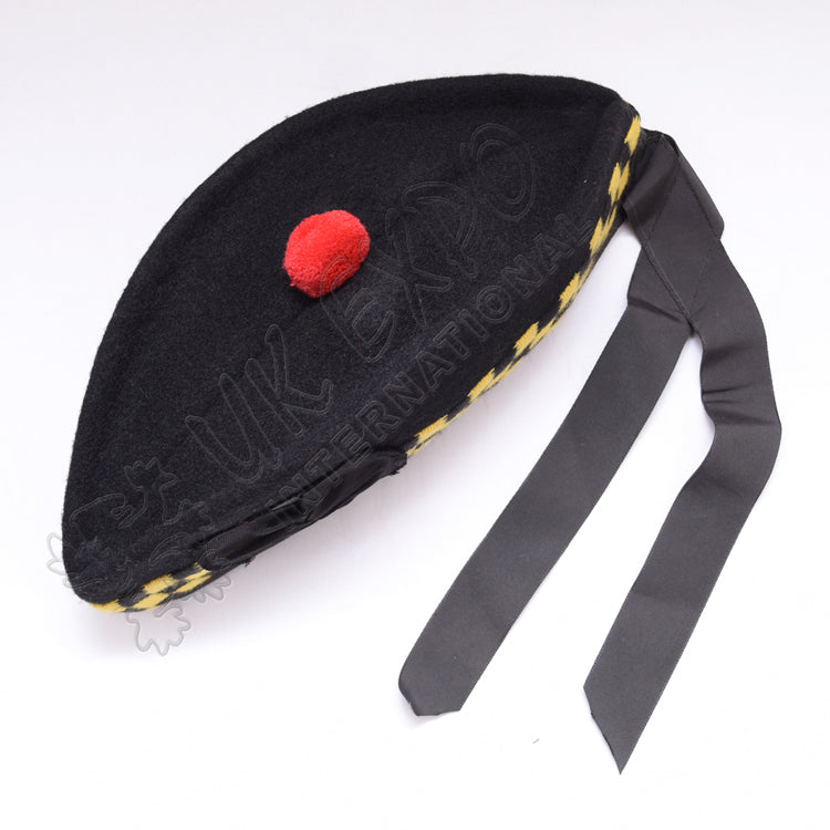 Black Glengarry Hat With Yellow Black Dicing