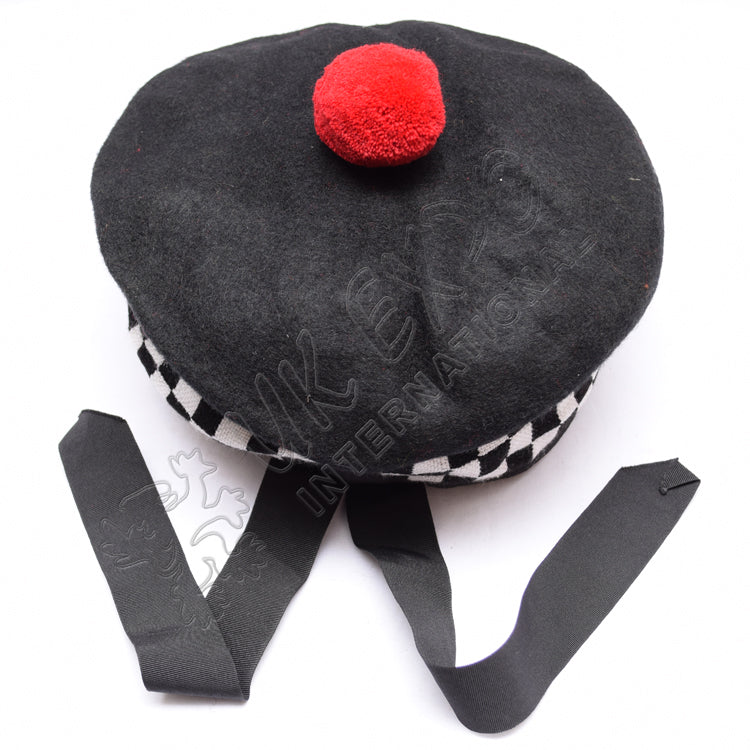 Black Balmoral With Timeless White Dicing & Red Pom