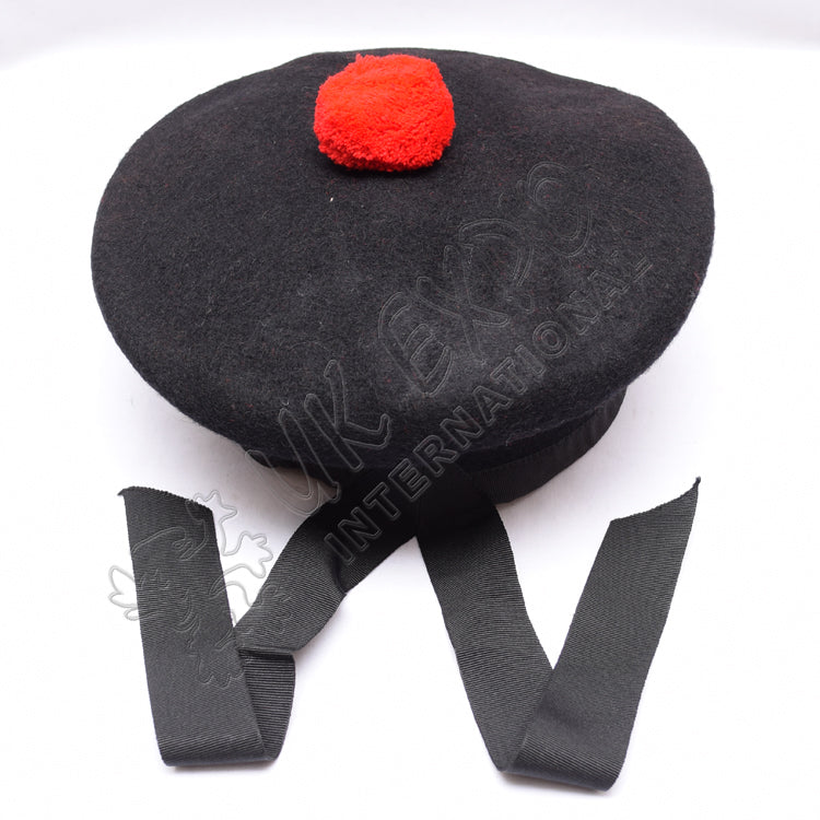 Plain Balmoral Black Hat With Red Pom