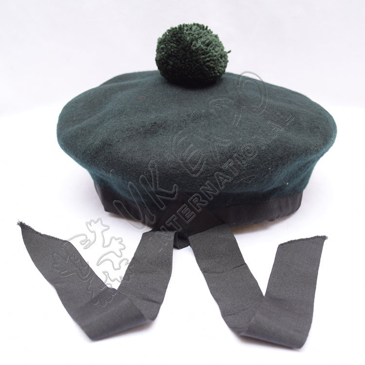 Dark Green Balmoral Plain Hat With Green Pom Pom