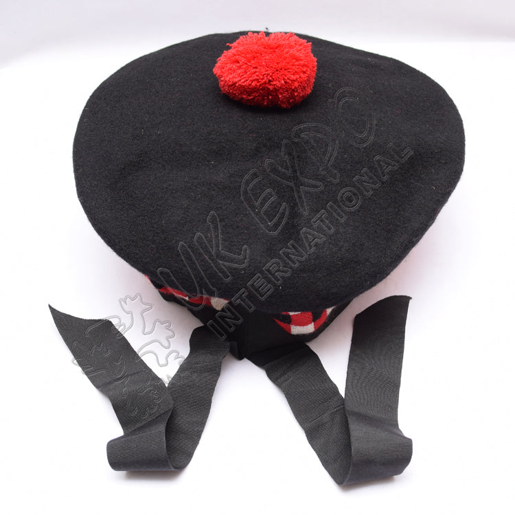 Balmoral Classic Black Hat With Dicing & Bold Red Pom