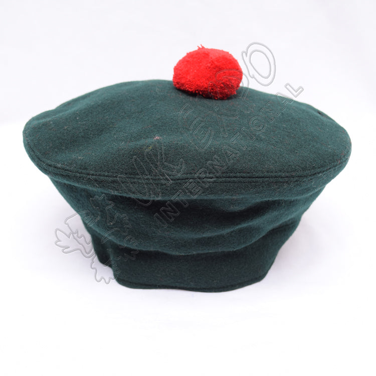 Dark Green Military Bonnet Hat With Red Pom Pom