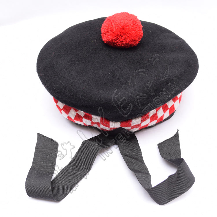 Classic Black Balmoral With White & Red Dicing Hat