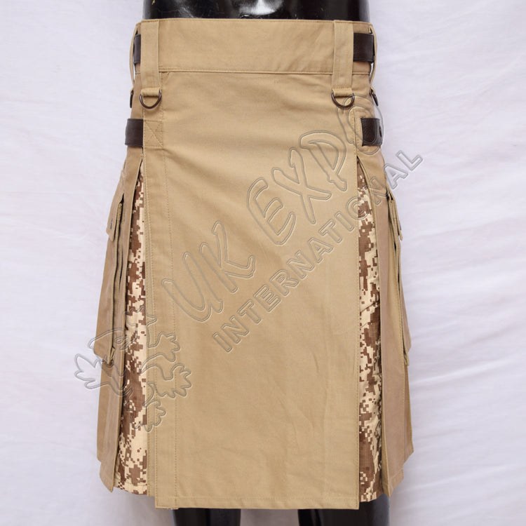 Khaki Hybrid With Digital Camouflage Box Pleat Utility Kilt